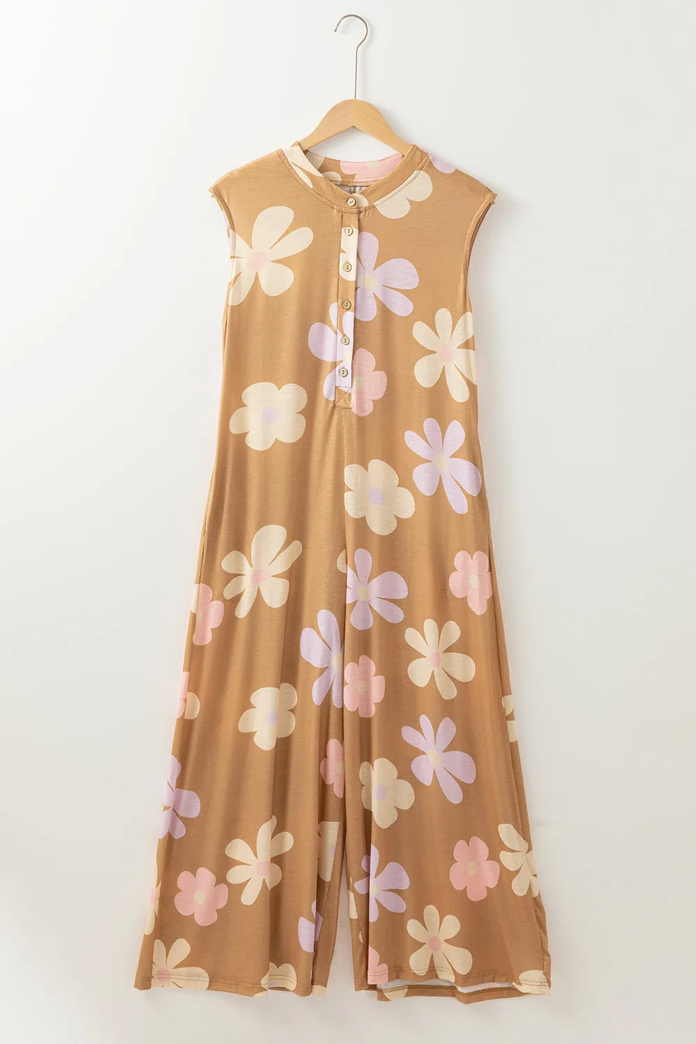 Khaki Floral Print Sleeveless Button up Wide Leg Loose Jumpsuit sold by Beagle Boutique product image thumbnail 5