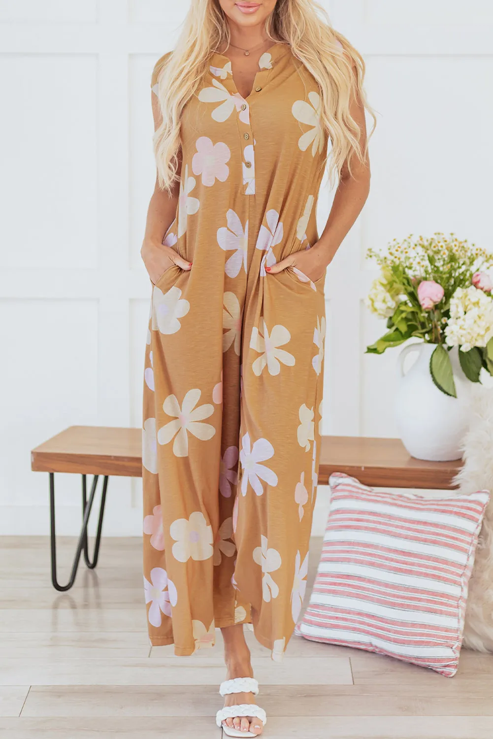 Khaki Floral Print Sleeveless Button up Wide Leg Loose Jumpsuit sold by Beagle Boutique product image thumbnail 4