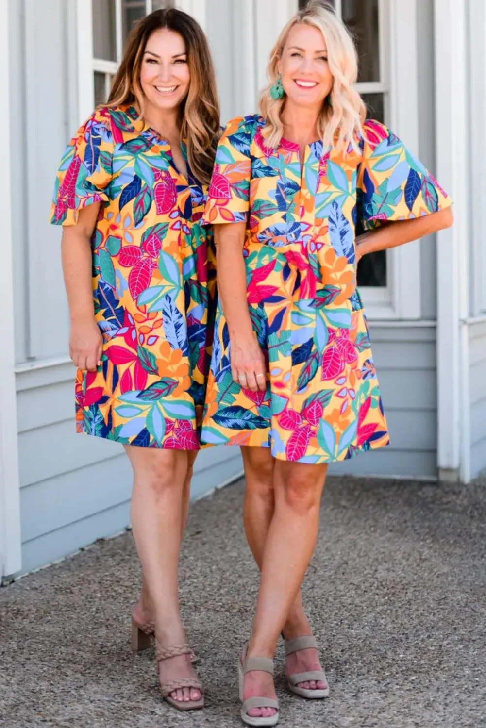 Multicolour Plus Size Leafy Print Split Neck Short Sleeve Shift Dress sold by Beagle Boutique product image thumbnail 3