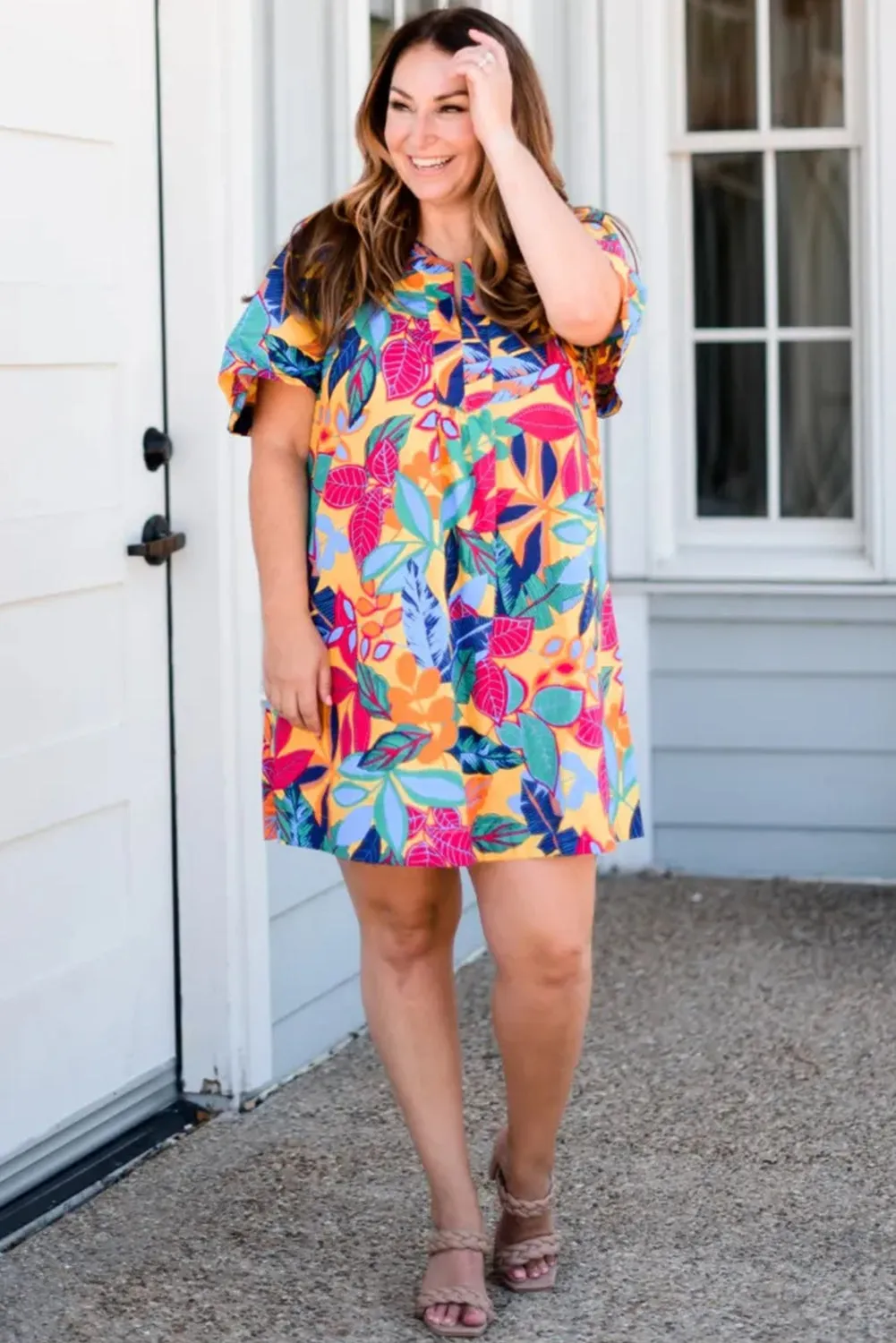 Multicolour Plus Size Leafy Print Split Neck Short Sleeve Shift Dress sold by Beagle Boutique product image thumbnail 2