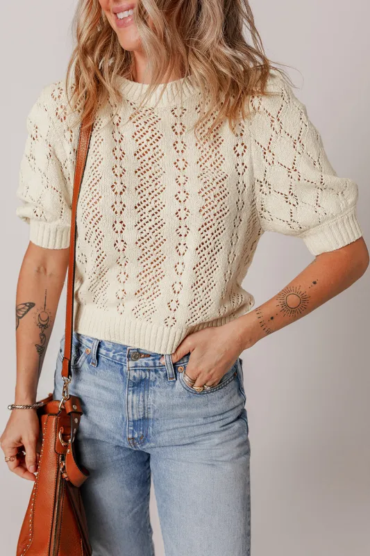 Beige Hollowed Pattern Knit Short Puff Sleeve Sweater sold by Beagle Boutique