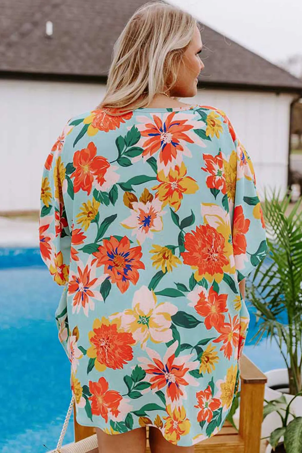 Sky Blue Plus Size Floral Print V Neck Batwing Sleeve Blouse sold by Beagle Boutique product image thumbnail 2