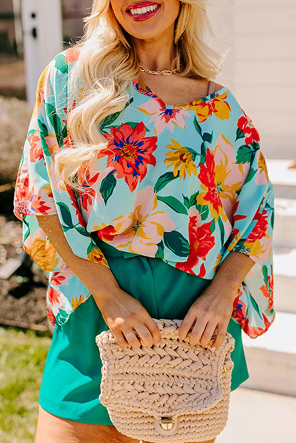 Sky Blue Plus Size Floral Print V Neck Batwing Sleeve Blouse sold by Beagle Boutique
