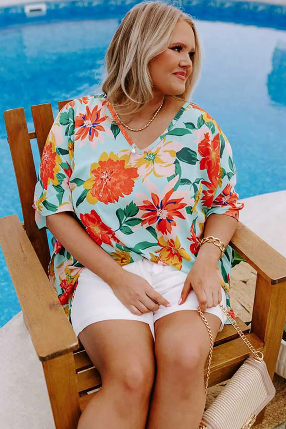 Sky Blue Plus Size Floral Print V Neck Batwing Sleeve Blouse sold by Beagle Boutique product image thumbnail 4