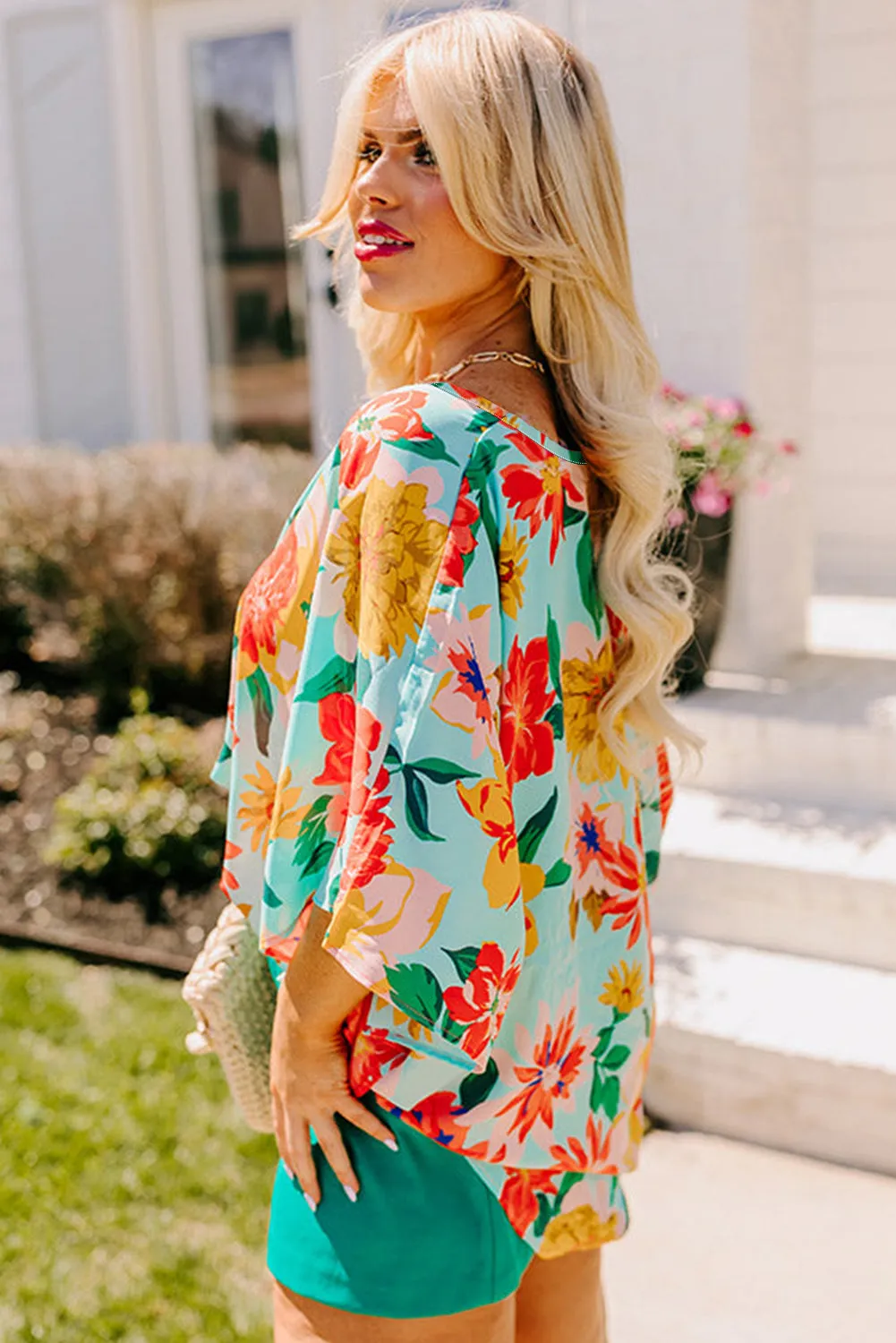 Sky Blue Plus Size Floral Print V Neck Batwing Sleeve Blouse sold by Beagle Boutique product image thumbnail 3