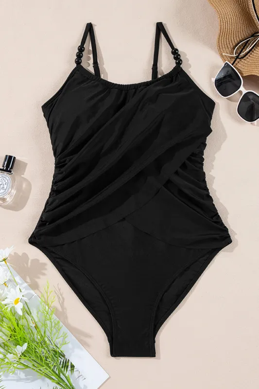 Black Beaded Spaghetti Straps Ruched Overlapped One Piece Swimsuit sold by Beagle Boutique