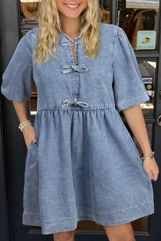 Dusk Blue Bowknot Bubble Sleeve Short Denim Dress sold by Beagle Boutique