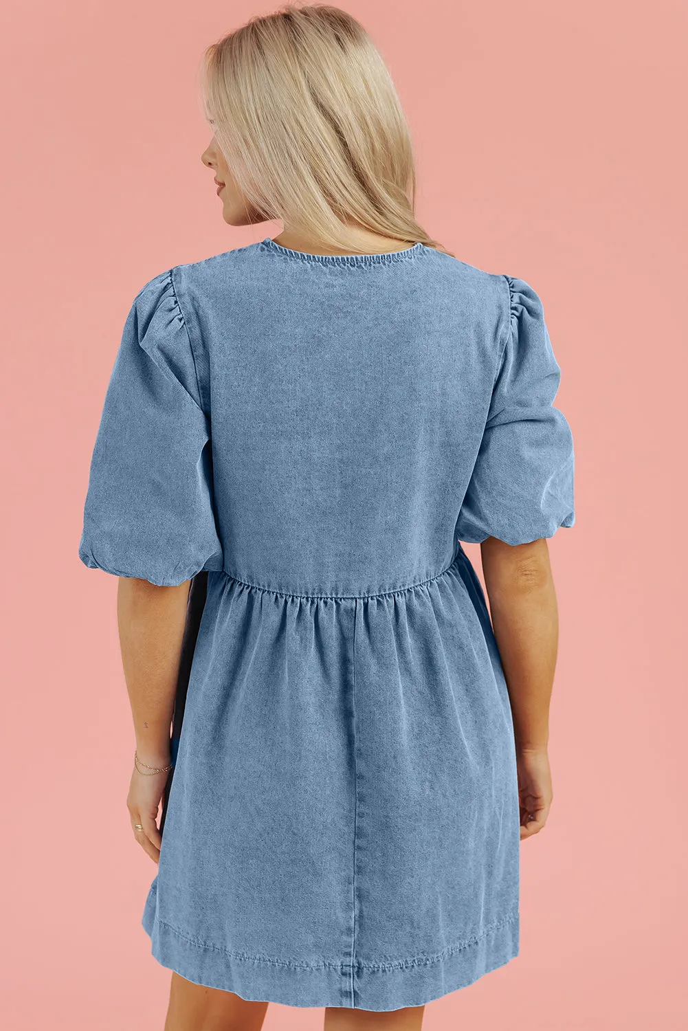 Dusk Blue Bowknot Bubble Sleeve Short Denim Dress sold by Beagle Boutique product image thumbnail 5