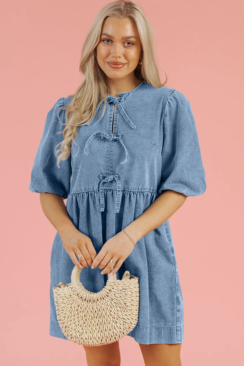 Dusk Blue Bowknot Bubble Sleeve Short Denim Dress sold by Beagle Boutique product image thumbnail 4