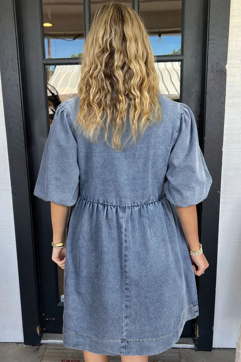 Dusk Blue Bowknot Bubble Sleeve Short Denim Dress sold by Beagle Boutique product image thumbnail 2