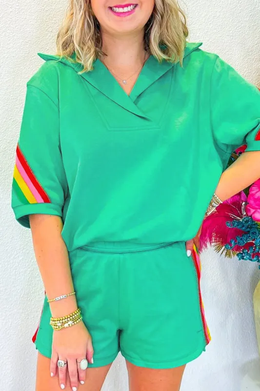Sea Green Rainbow Colourblock Collared Short Sleeve Top 2 Piece Shorts Set sold by Beagle Boutique