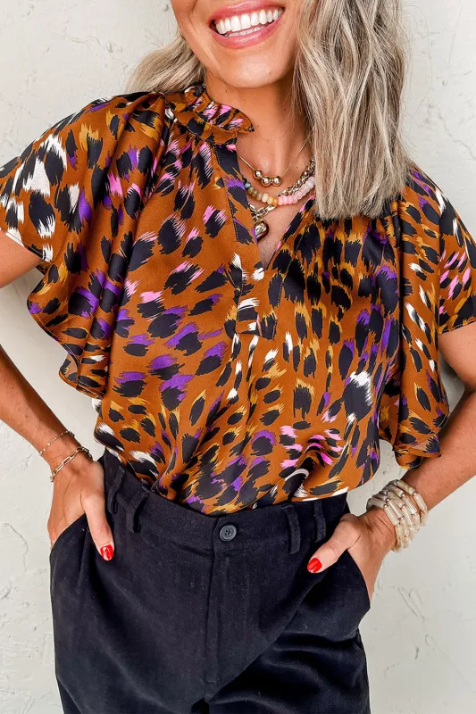 Orange Leopard Printed Draped Short Sleeve Slit V Neck Blouse sold by Beagle Boutique
