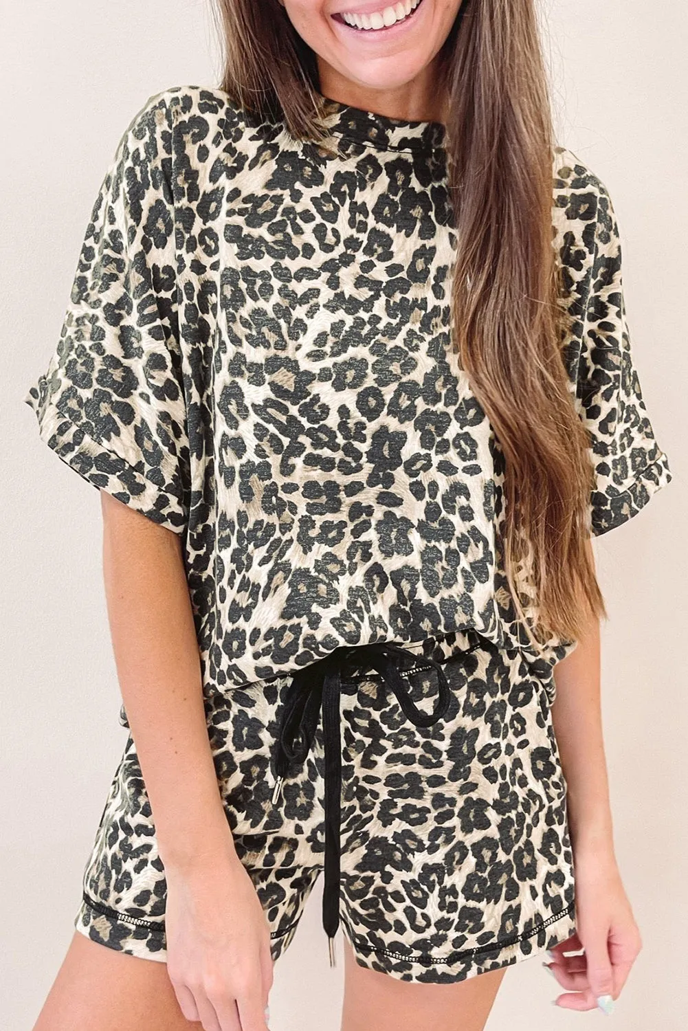Black Cheetah Printed Casual Tee and Shorts Lounge Set sold by Beagle Boutique product image thumbnail 3