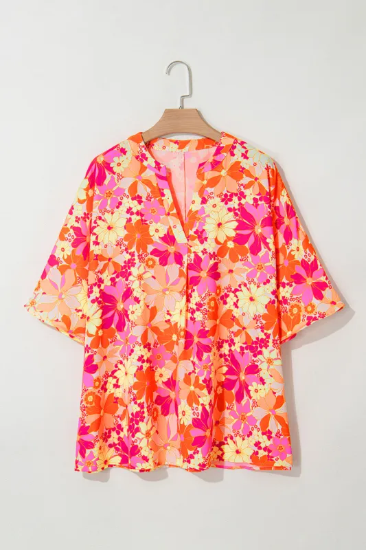 Red Floral Short Sleeve Slit Neck Plus Size Blouse sold by Beagle Boutique