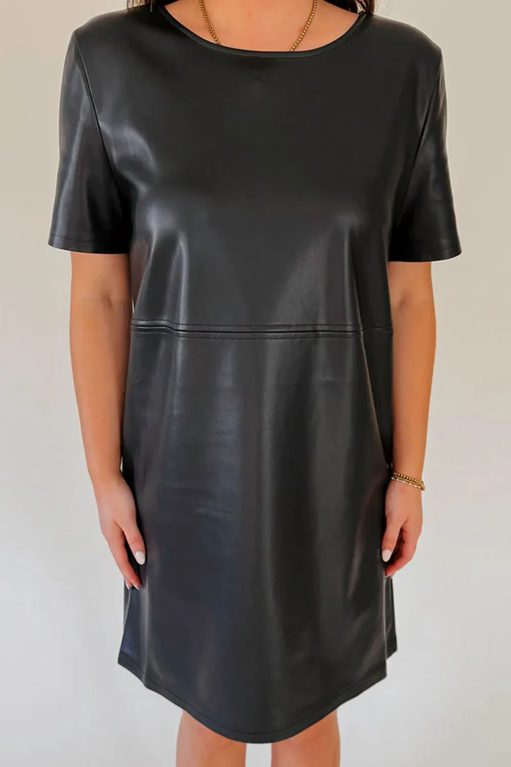 Black Faux Leather Loose T-shirt Dress sold by Beagle Boutique product image thumbnail 3