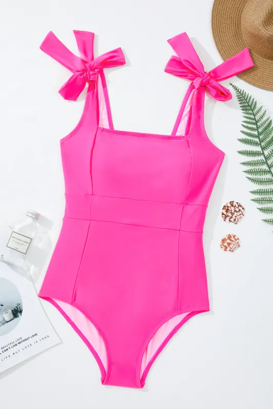 Rose Red Square Neck Knotted Shoulder Open Back One Piece Swimsuit sold by Beagle Boutique