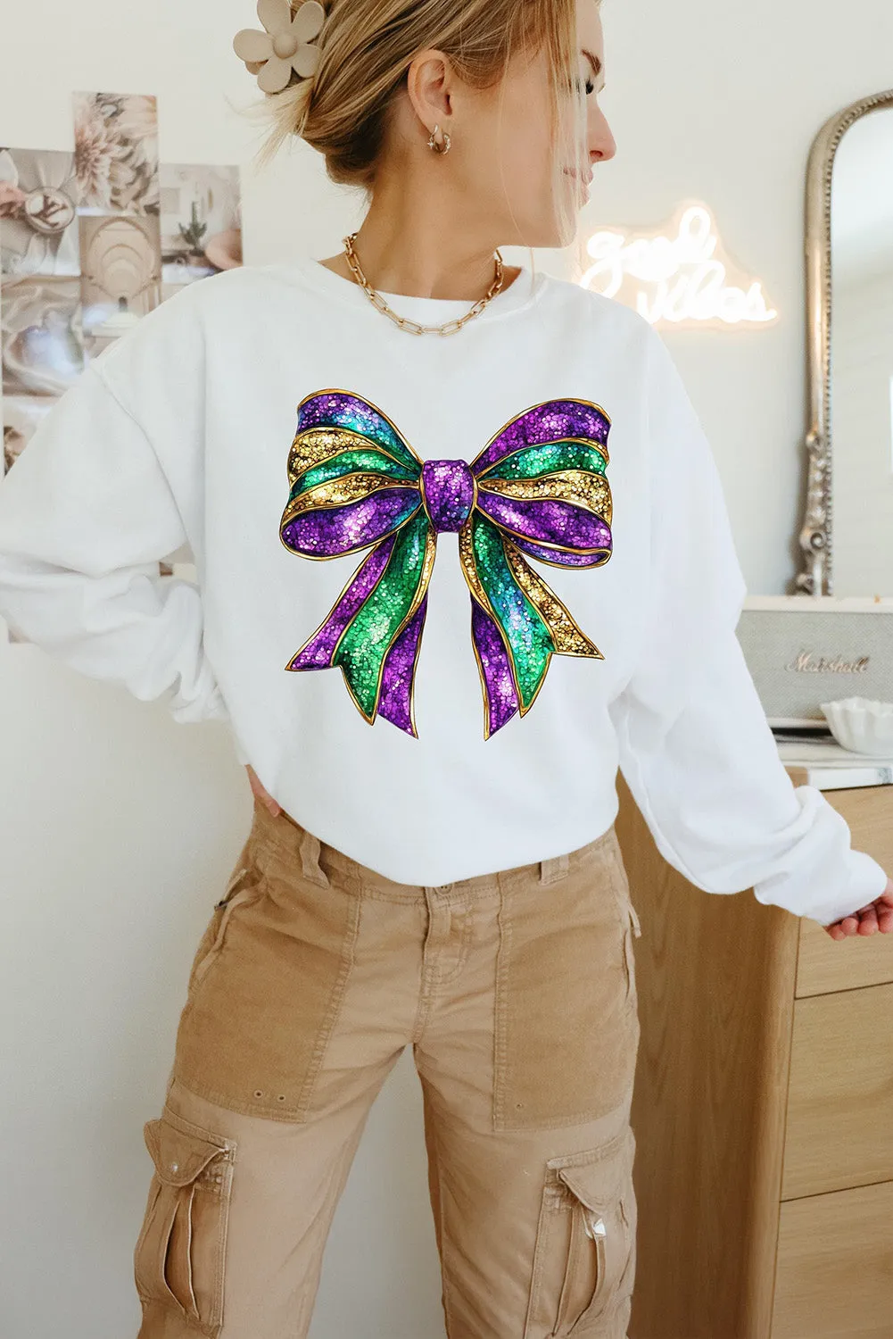 White Mardi Gras Bow Graphic Drop Shoulder Sweatshirt sold by Beagle Boutique product image thumbnail 3
