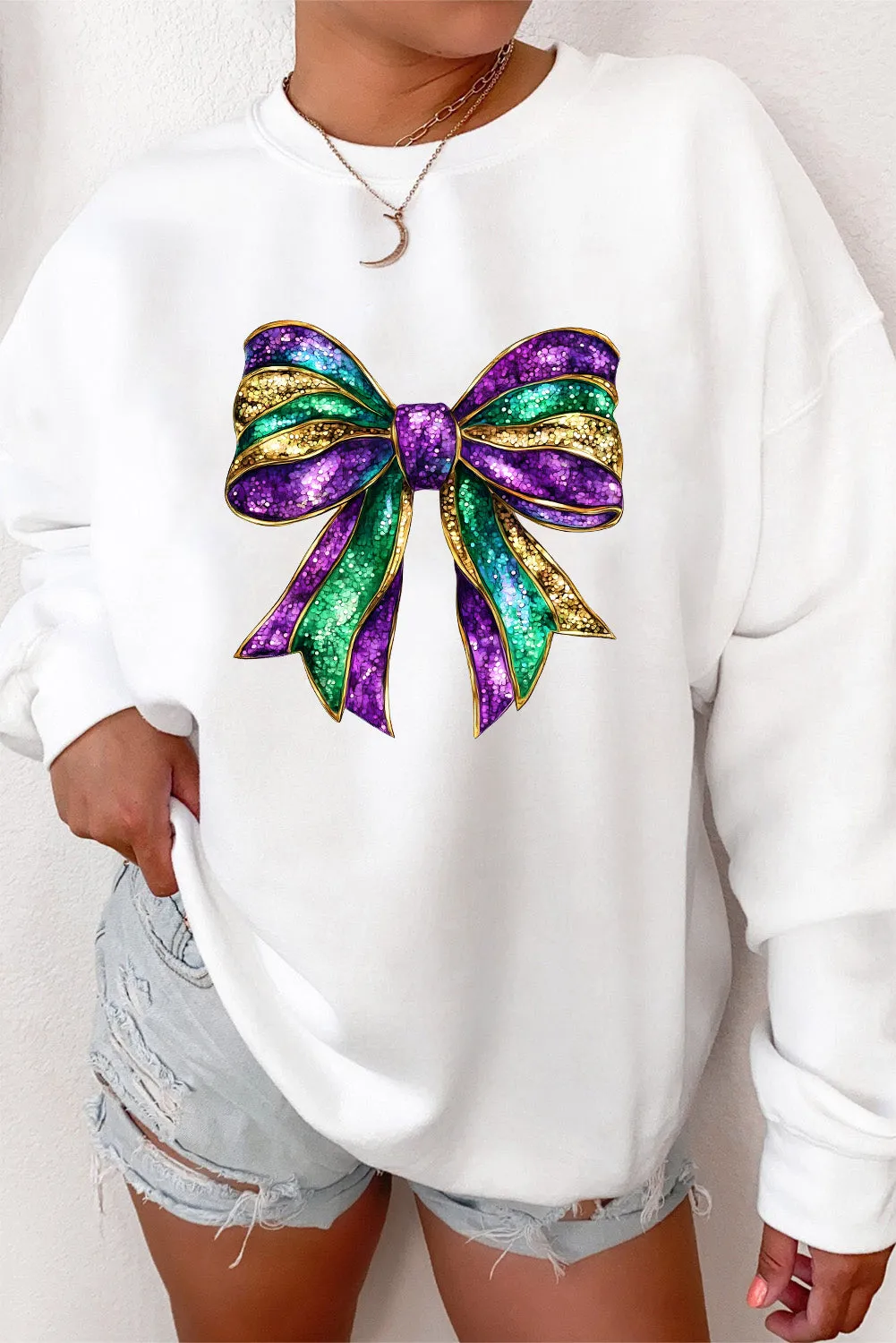 White Mardi Gras Bow Graphic Drop Shoulder Sweatshirt sold by Beagle Boutique product image thumbnail 2