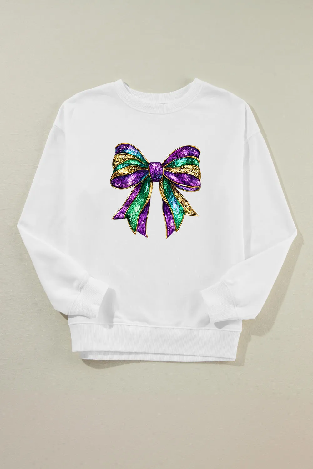 White Mardi Gras Bow Graphic Drop Shoulder Sweatshirt sold by Beagle Boutique product image thumbnail 5