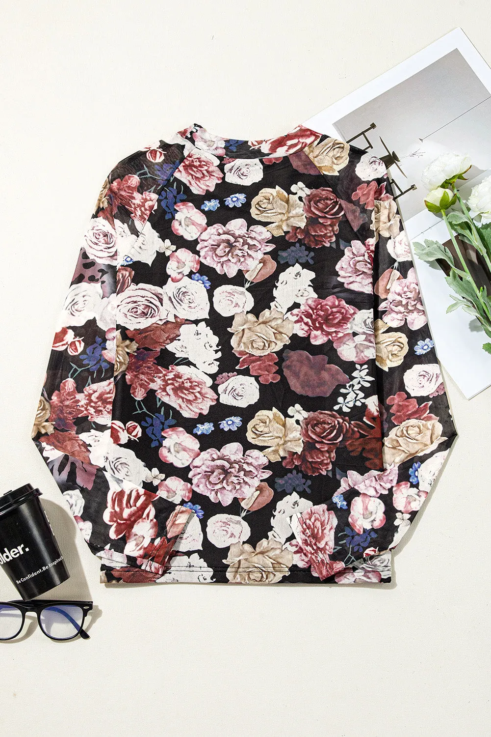 Pink Mesh Floral Print Mock Neck Long Sleeve Slim Top sold by Beagle Boutique product image thumbnail 5