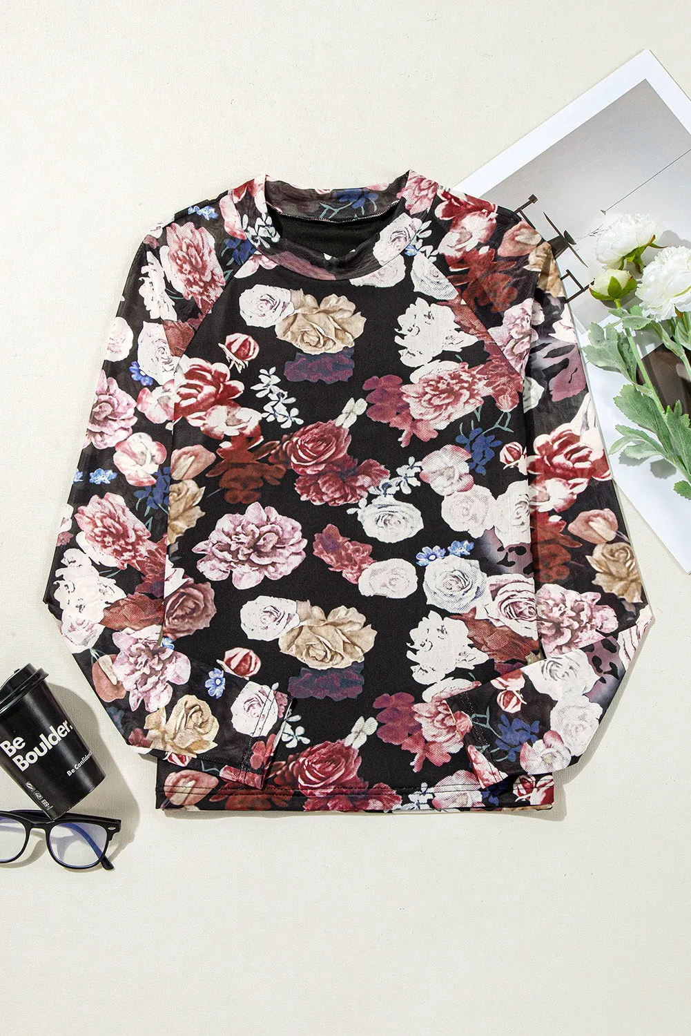 Pink Mesh Floral Print Mock Neck Long Sleeve Slim Top sold by Beagle Boutique product image thumbnail 4