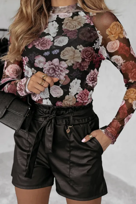 Pink Mesh Floral Print Mock Neck Long Sleeve Slim Top sold by Beagle Boutique