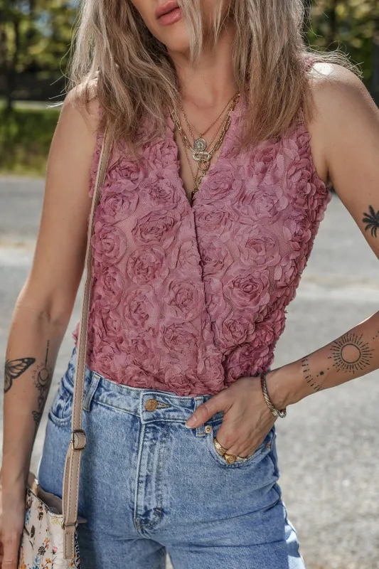 Heather Floral Textured V Neck Wrapped Sleeveless Bodysuit sold by Beagle Boutique