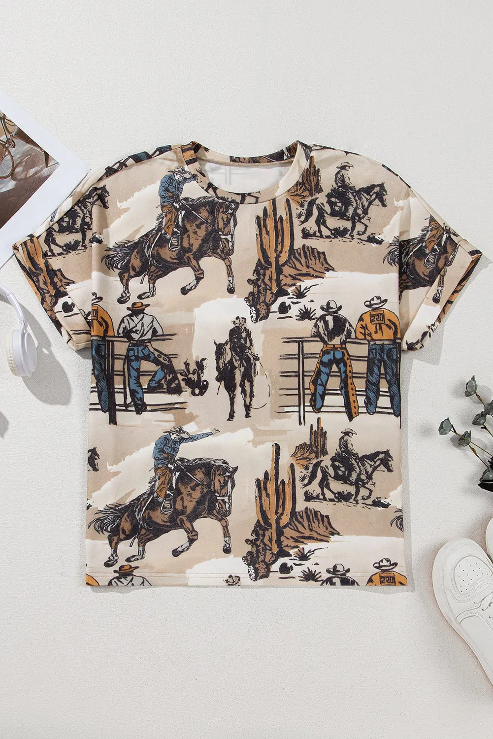 Khaki Western Cowboy Print Cuffed Sleeve Crewneck T Shirt sold by Beagle Boutique product image thumbnail 5