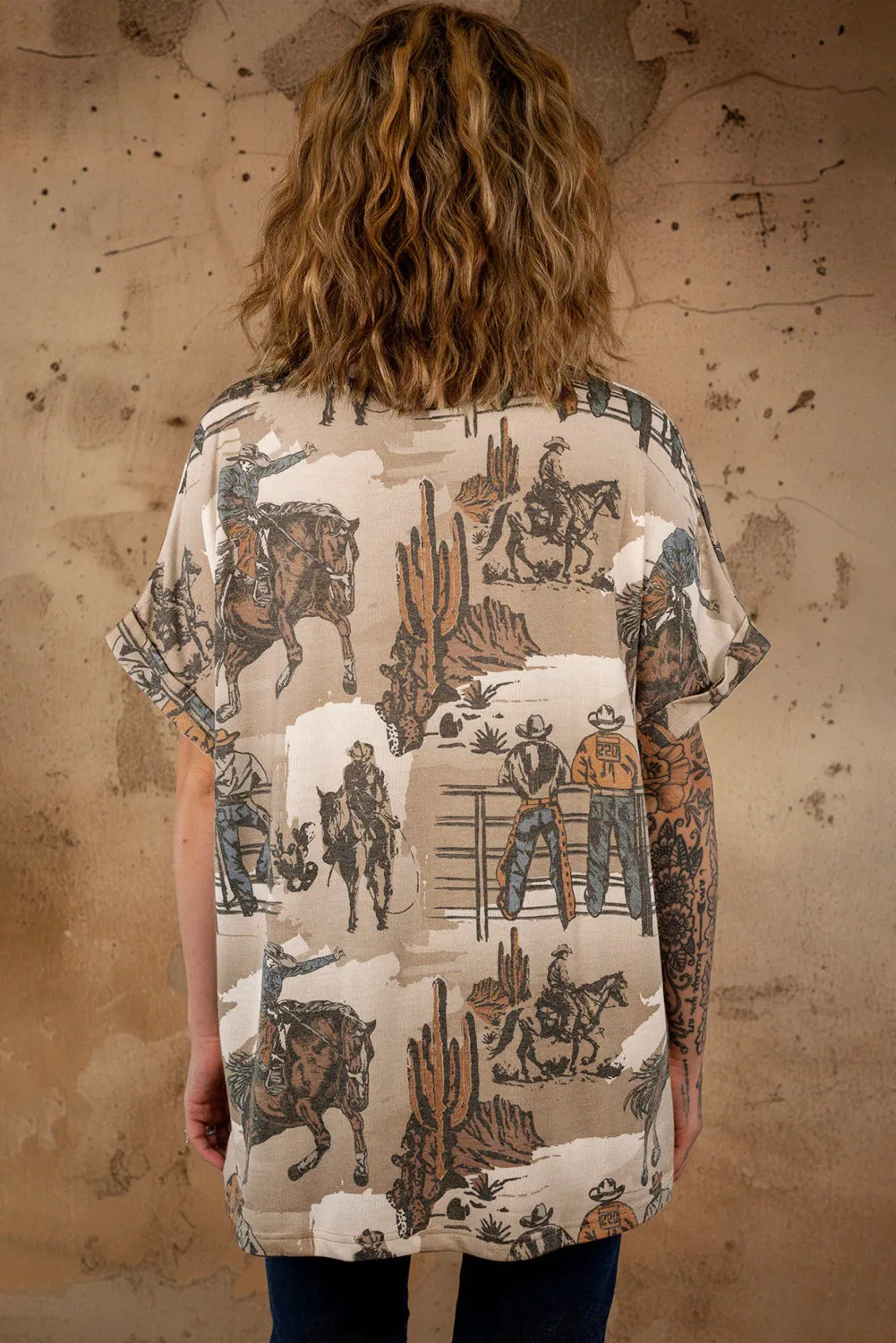 Khaki Western Cowboy Print Cuffed Sleeve Crewneck T Shirt sold by Beagle Boutique product image thumbnail 2