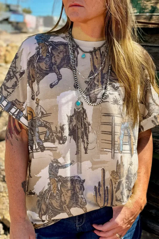 Khaki Western Cowboy Print Cuffed Sleeve Crewneck T Shirt sold by Beagle Boutique