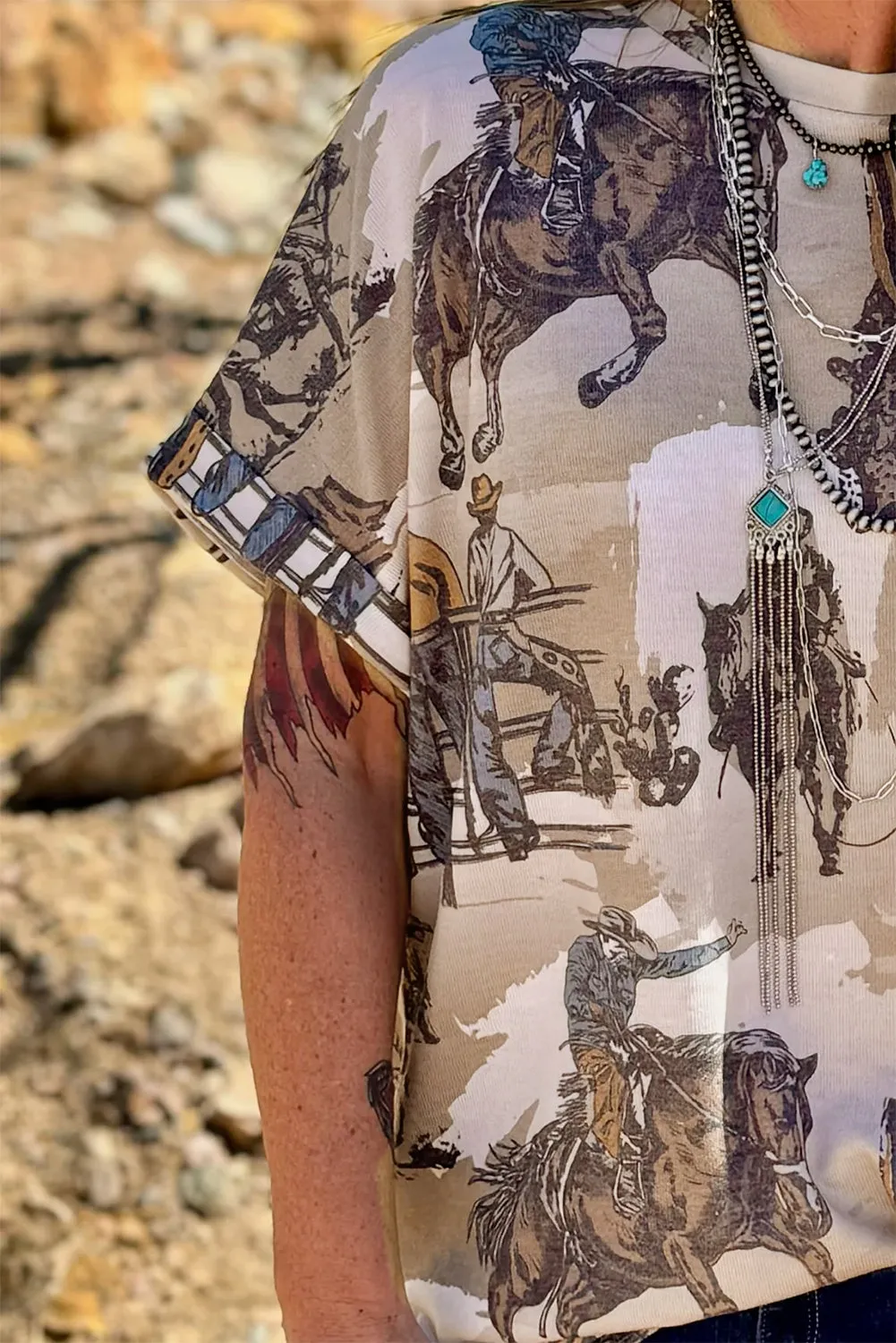 Khaki Western Cowboy Print Cuffed Sleeve Crewneck T Shirt sold by Beagle Boutique product image thumbnail 4