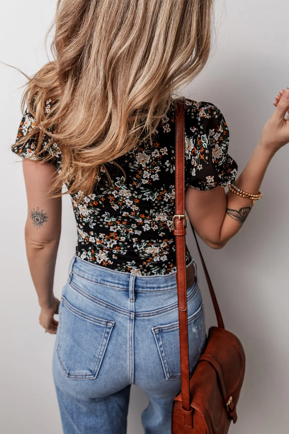 Black Floral Print U Neck Short Puff Sleeve Bodysuit sold by Beagle Boutique product image thumbnail 2