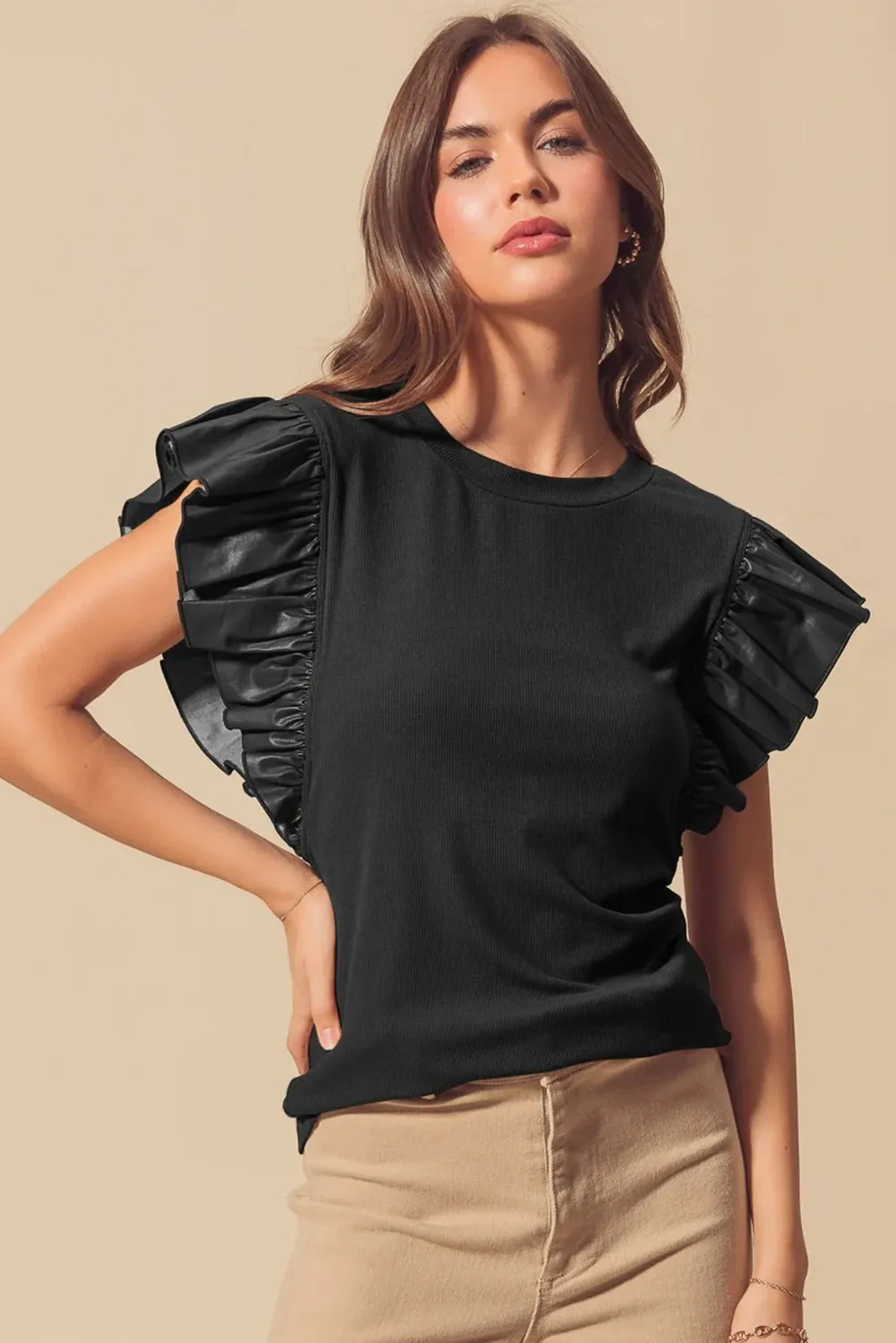 Black Leather Ruffle Sleeve Patchwork Round Neck Blouse sold by Beagle Boutique product image thumbnail 2