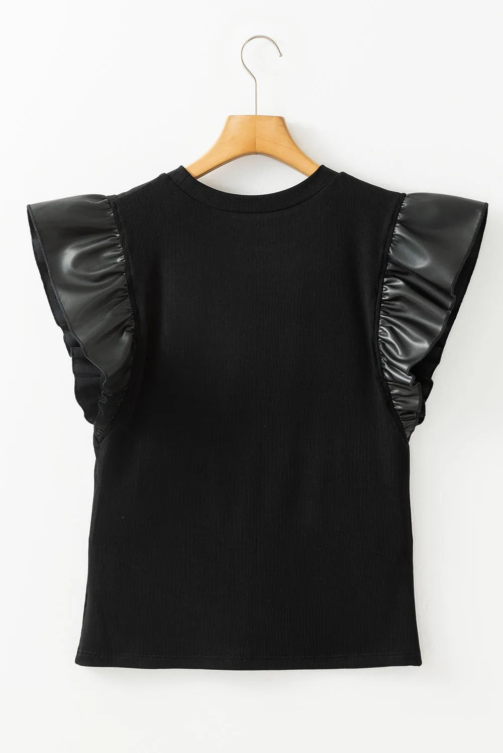 Black Leather Ruffle Sleeve Patchwork Round Neck Blouse sold by Beagle Boutique product image thumbnail 4