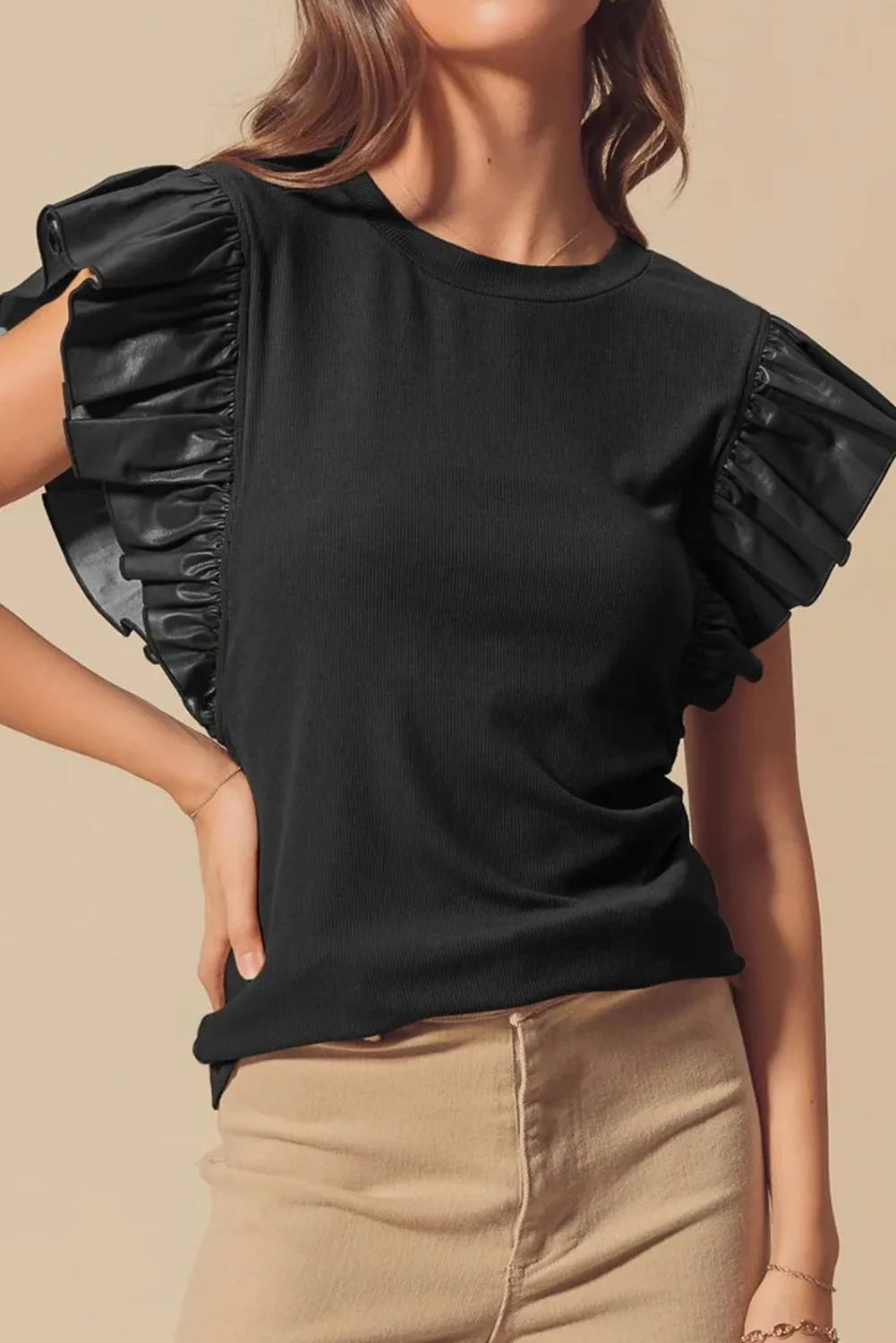 Black Leather Ruffle Sleeve Patchwork Round Neck Blouse sold by Beagle Boutique