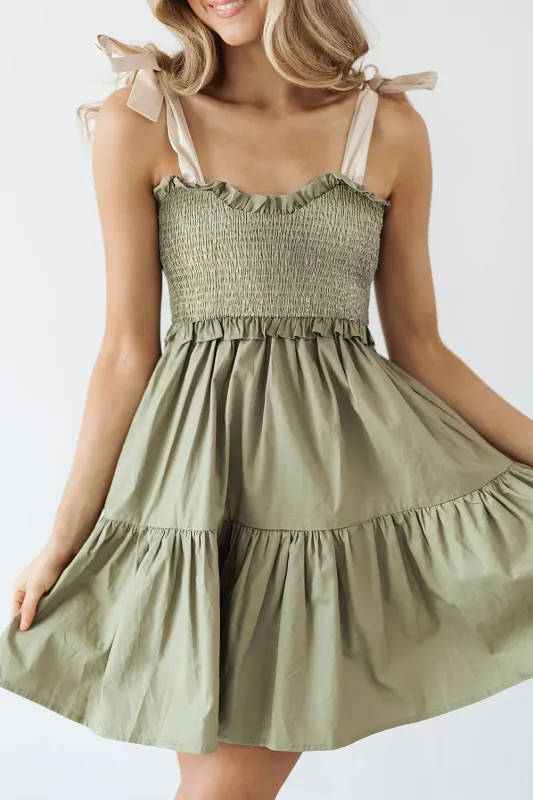 Laurel Green Smocked Bodice Self-tie Straps A-line Ruffled Mini Dress sold by Beagle Boutique
