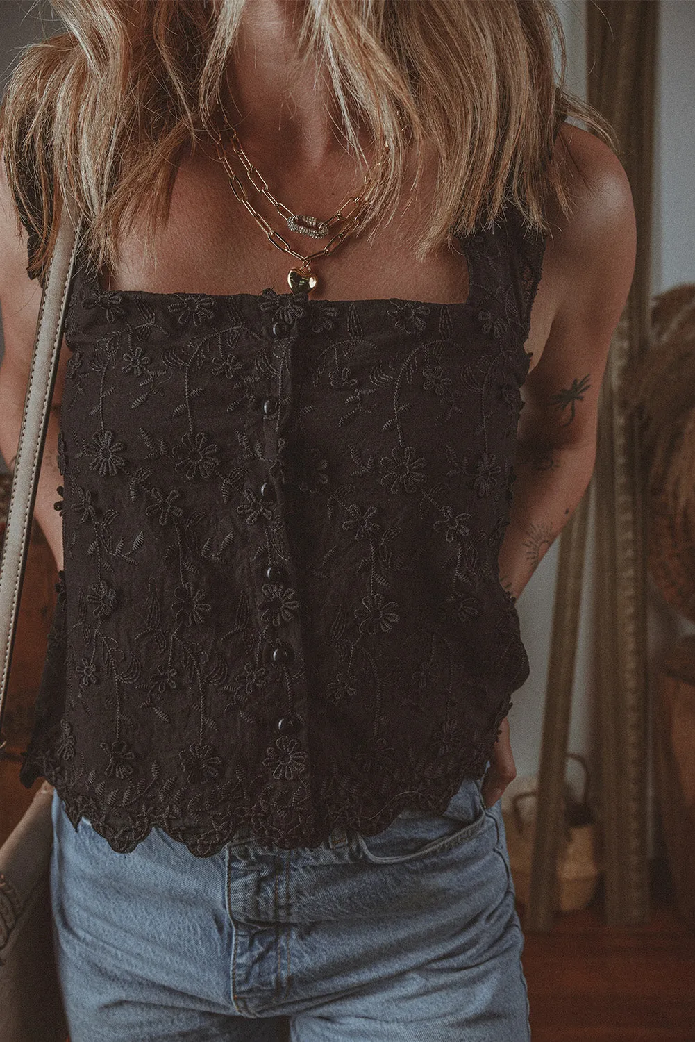 Black Floral Embroidered Buttoned Square Neck Tank Top sold by Beagle Boutique