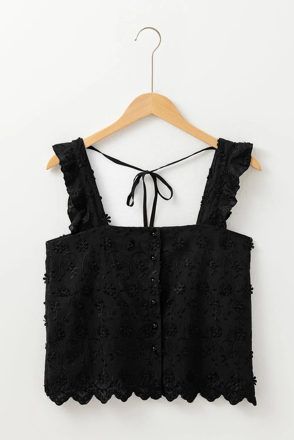 Black Floral Embroidered Buttoned Square Neck Tank Top sold by Beagle Boutique product image thumbnail 4