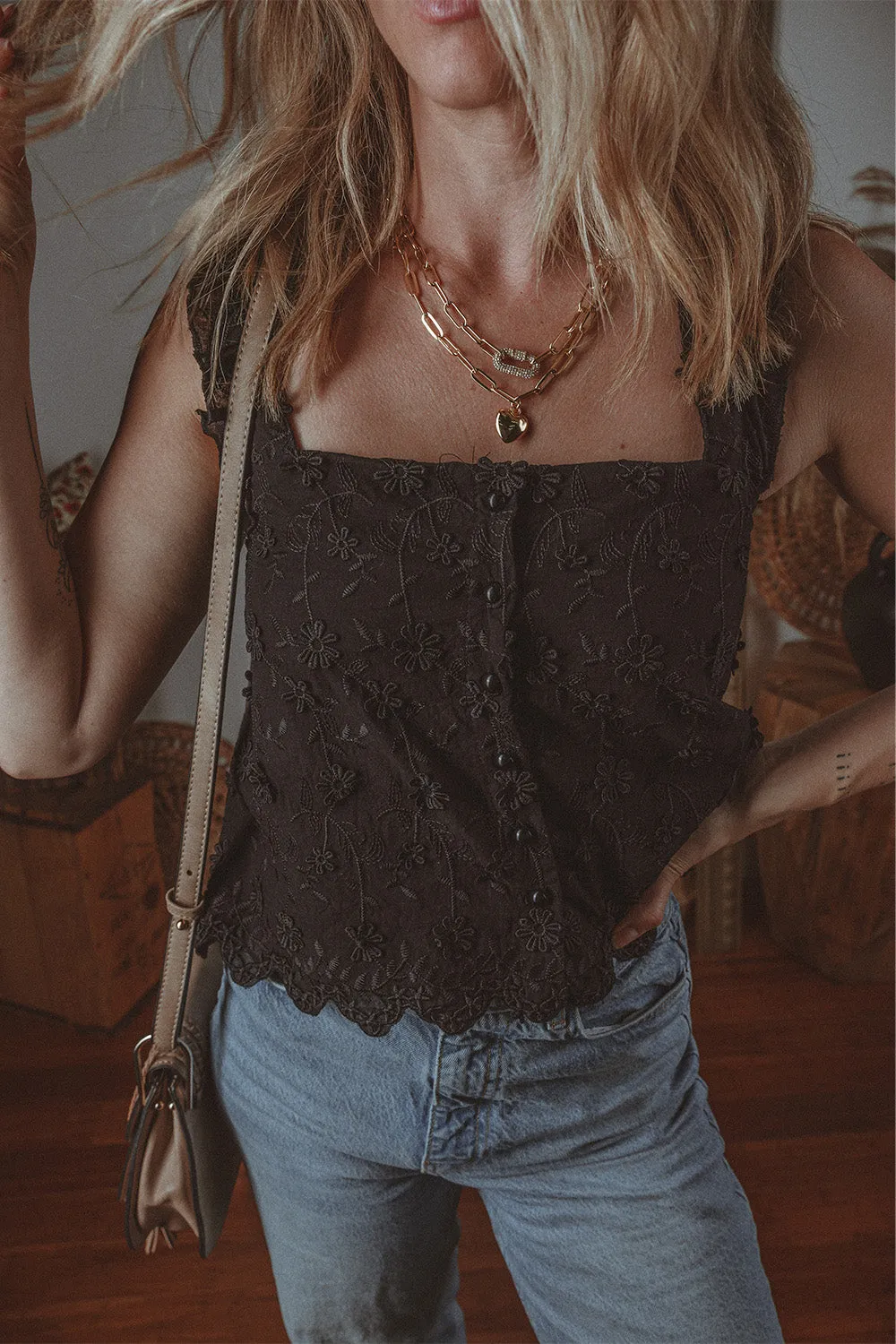 Black Floral Embroidered Buttoned Square Neck Tank Top sold by Beagle Boutique product image thumbnail 3