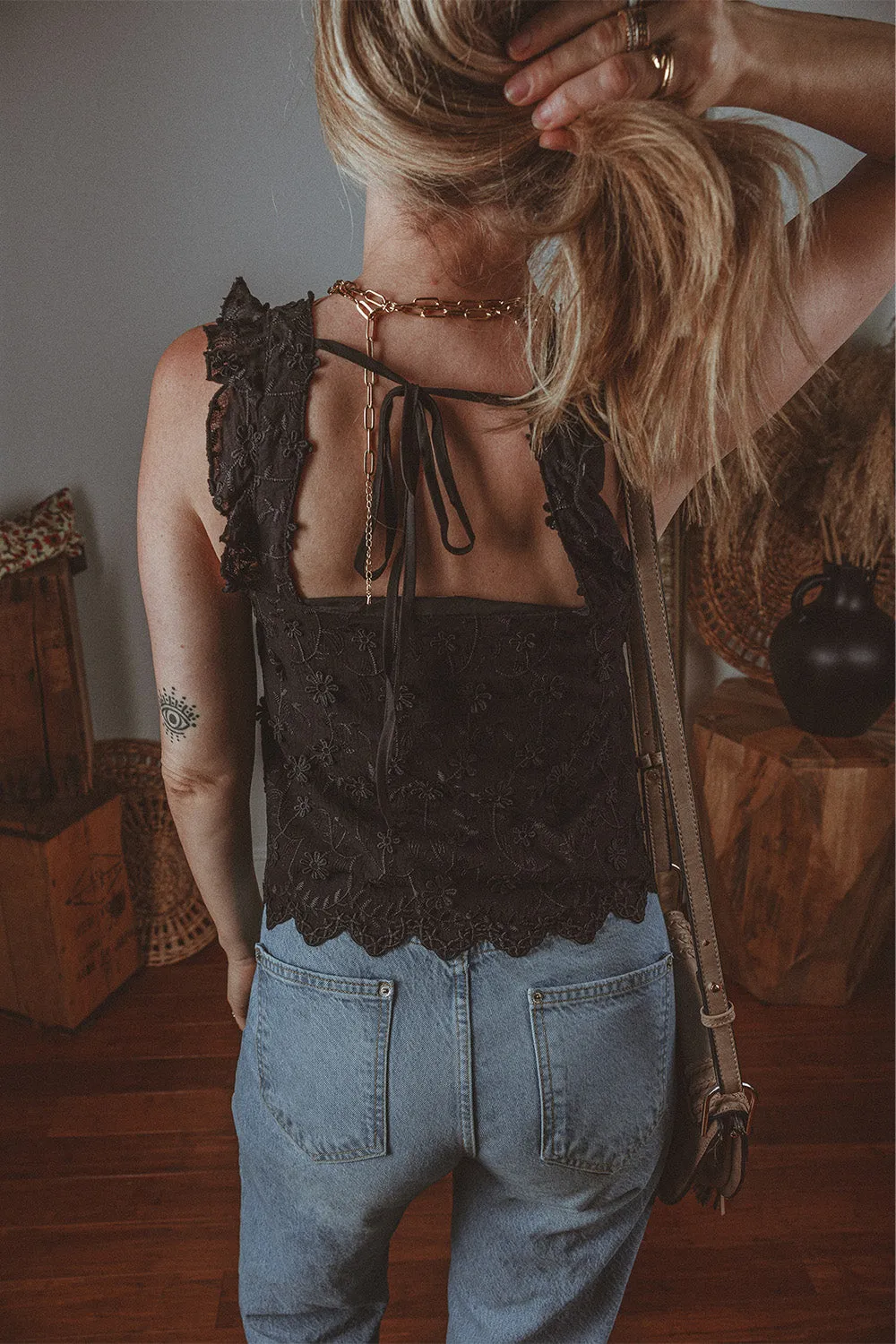 Black Floral Embroidered Buttoned Square Neck Tank Top sold by Beagle Boutique product image thumbnail 2