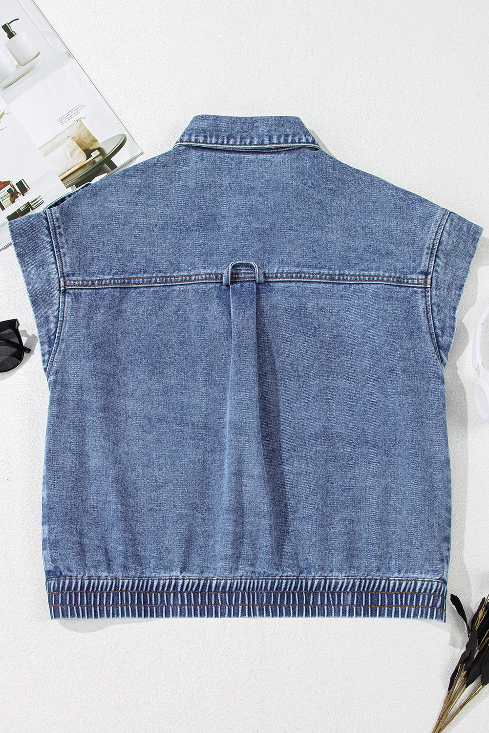 Ashleigh Blue Acid Wash Elastic Hem Button Up Denim Vest sold by Beagle Boutique product image thumbnail 5