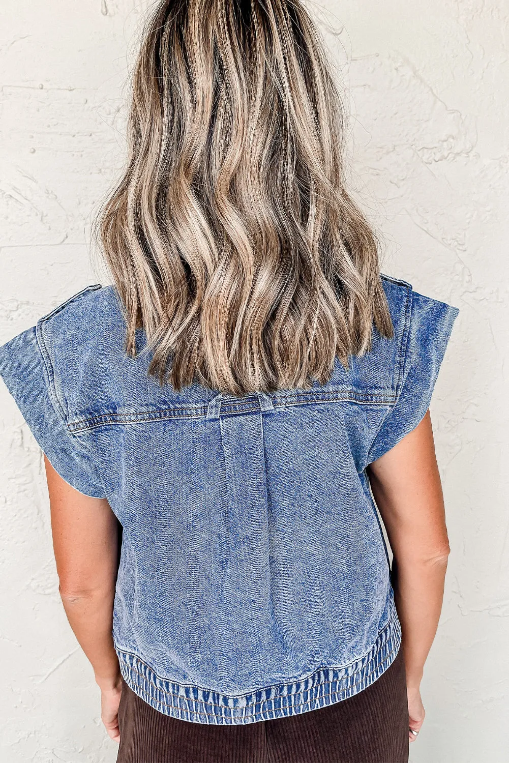 Ashleigh Blue Acid Wash Elastic Hem Button Up Denim Vest sold by Beagle Boutique product image thumbnail 2