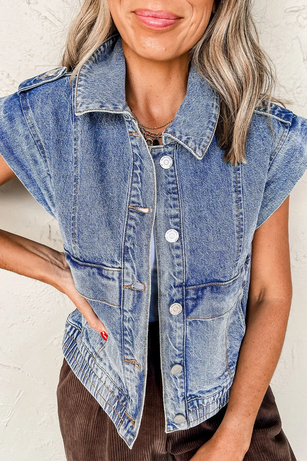 Ashleigh Blue Acid Wash Elastic Hem Button Up Denim Vest sold by Beagle Boutique
