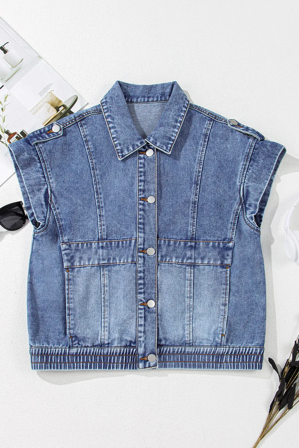 Ashleigh Blue Acid Wash Elastic Hem Button Up Denim Vest sold by Beagle Boutique product image thumbnail 4
