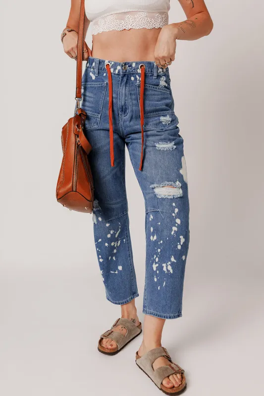 Ashleigh Blue Ripped Splattering Paint Rope Waist Cropped Straight Jeans sold by Beagle Boutique
