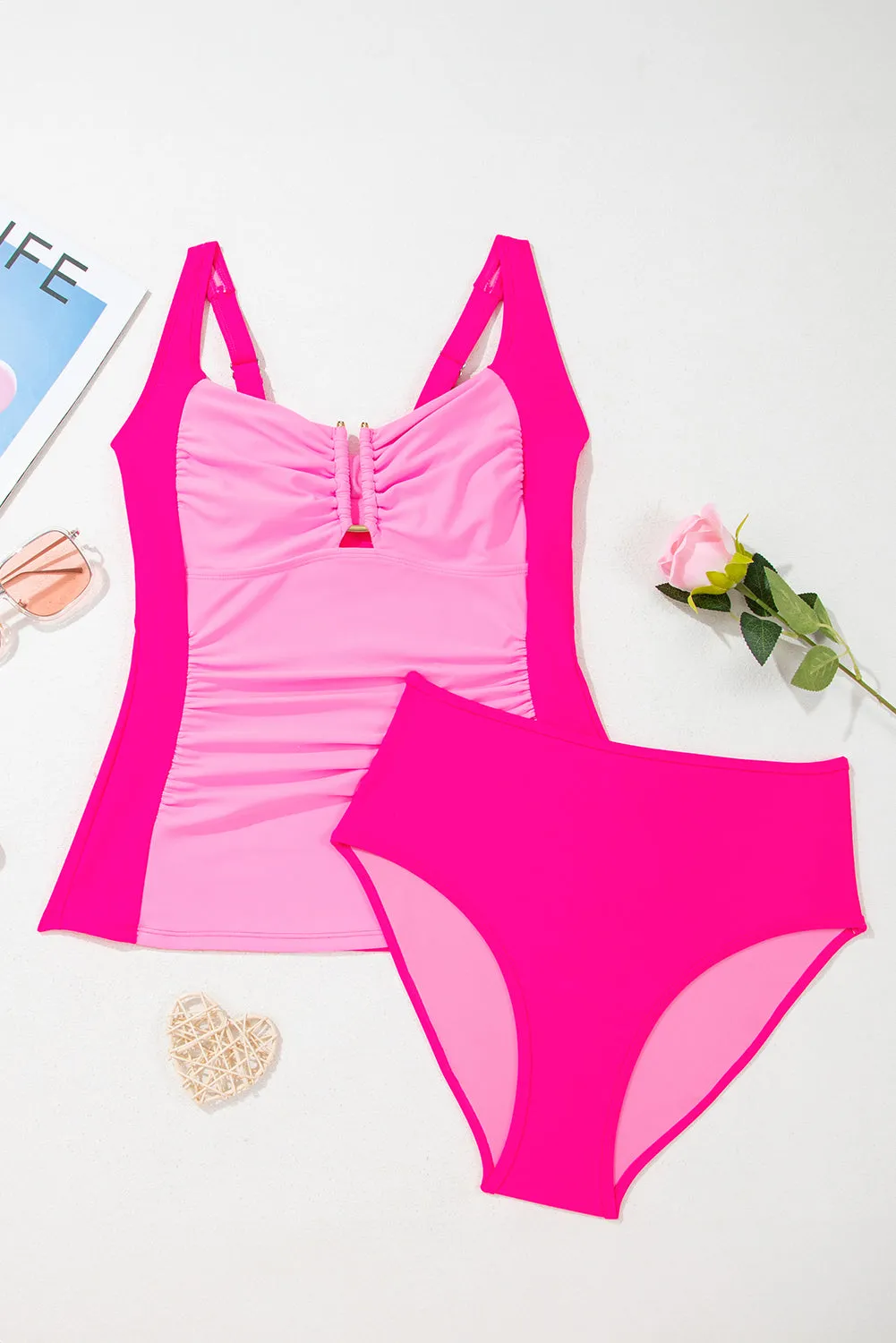 Pink Ruched Tummy Control Tankini 2pcs Swimsuit sold by Beagle Boutique product image thumbnail 4