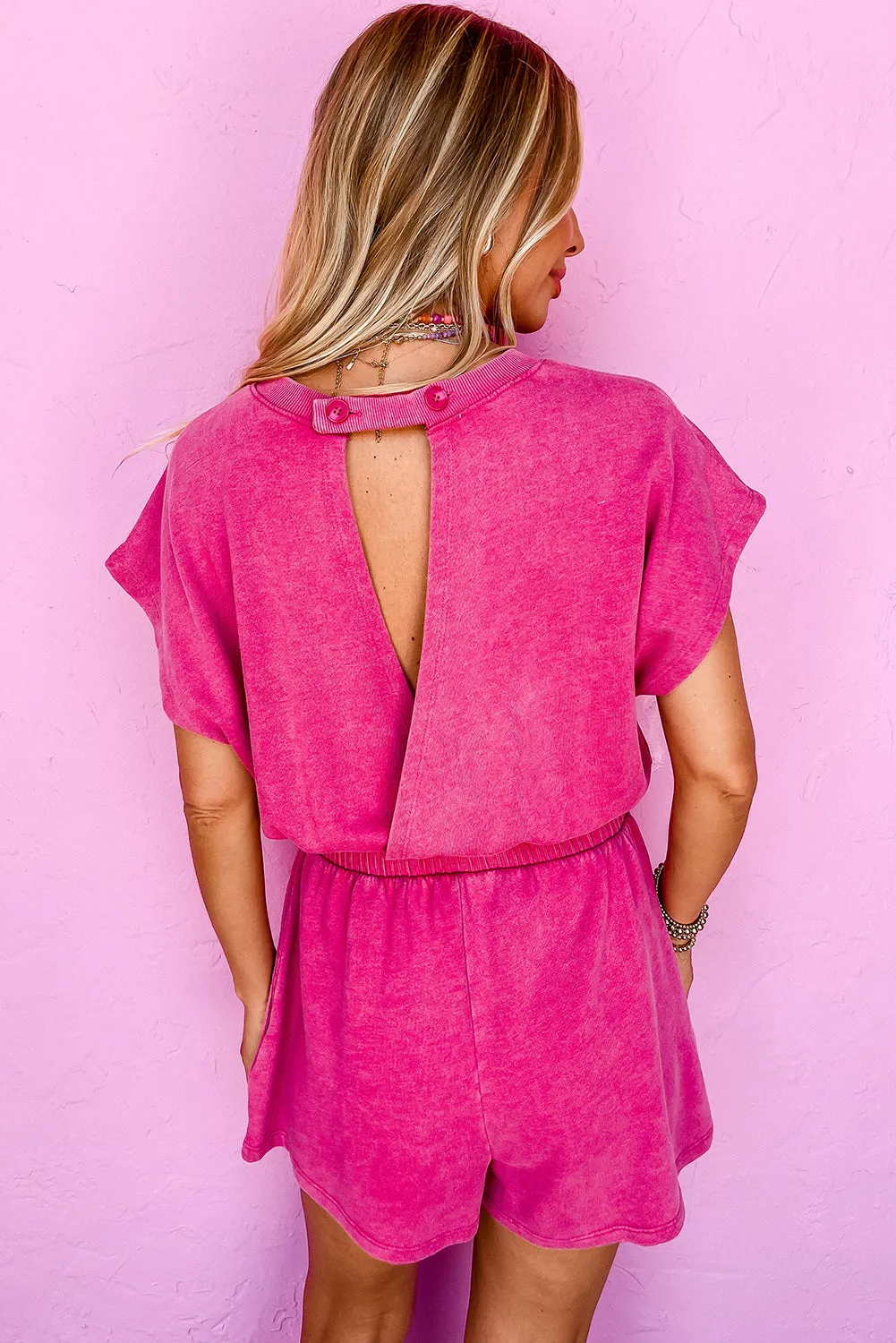 Rose Red Mineral Wash Drawstring Waist Hollow Out Back Short Sleeve Romper sold by Beagle Boutique product image thumbnail 4