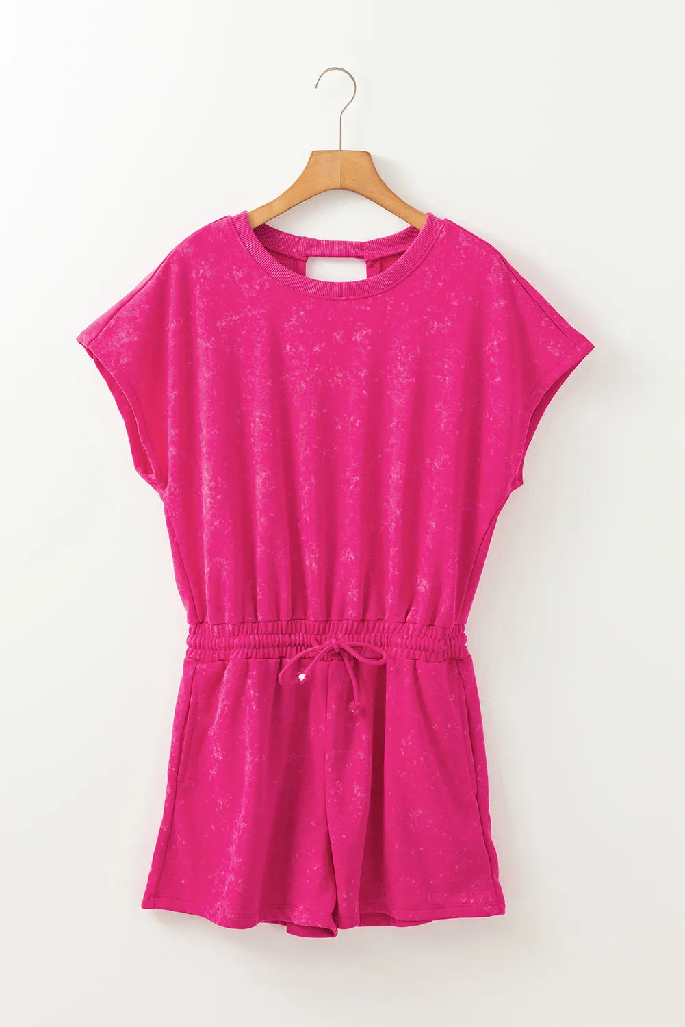 Rose Red Mineral Wash Drawstring Waist Hollow Out Back Short Sleeve Romper sold by Beagle Boutique product image thumbnail 5