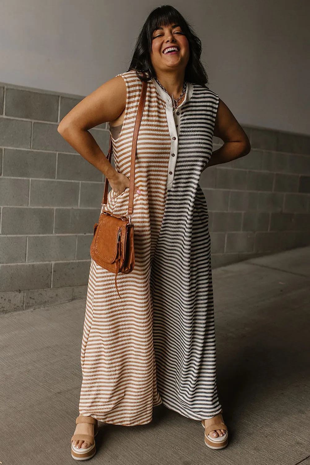 Grey Stripe Plus Size Colour Block Buttoned Sleeveless Wide Leg Jumpsuit sold by Beagle Boutique product image thumbnail 3