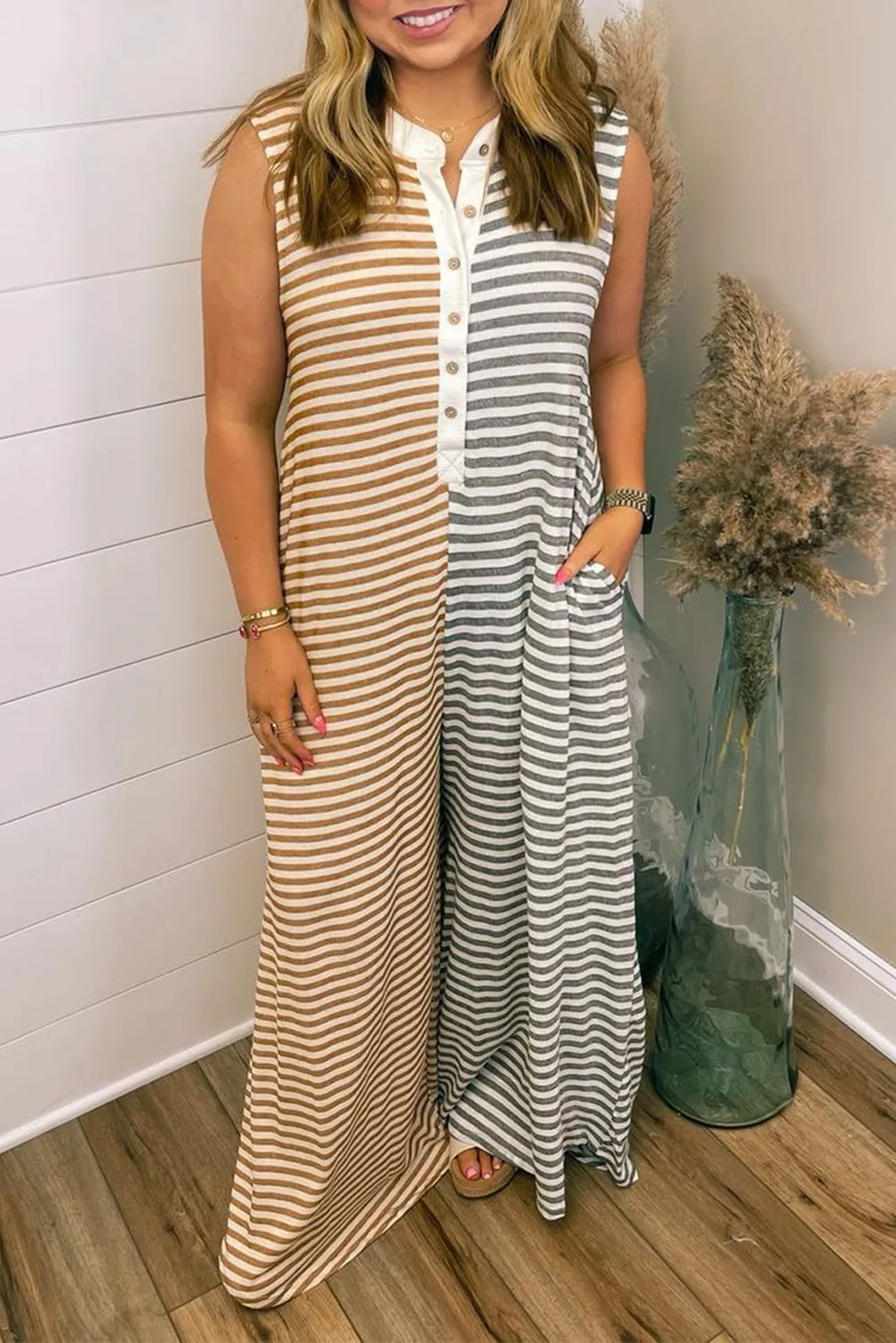 Grey Stripe Plus Size Colour Block Buttoned Sleeveless Wide Leg Jumpsuit sold by Beagle Boutique